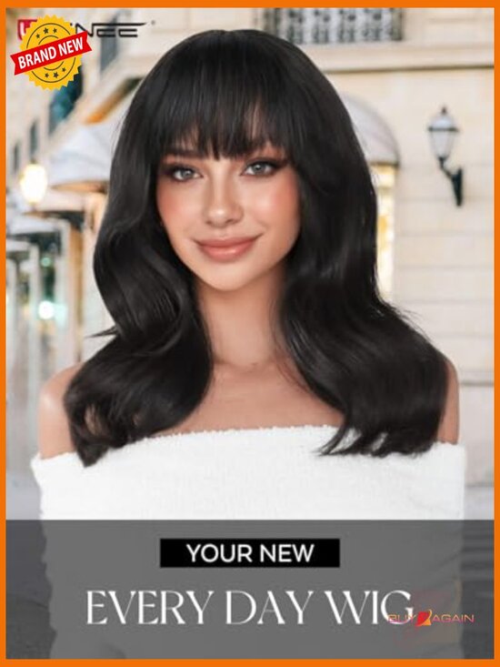Natural wave wig with bangs 100% human hair medium cap tangle free heat style main image 6